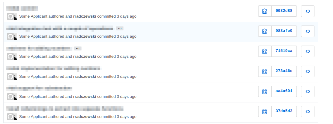 A screenshot of a list of commits with me as the committer and "Some Applicant" as the masked author of the commit