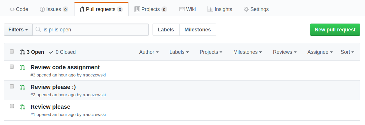 A screenshot of a repository's open Pull Requests on GitHub showing three pending code assignments