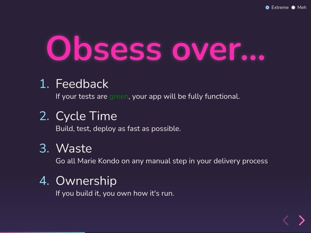What we deem important when developing software nowadays: Feedback Quality, Cycle Time, No Waste, Full Ownership